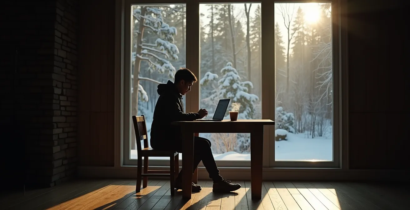 Person working on laptop near window with snowy Quebec forest view