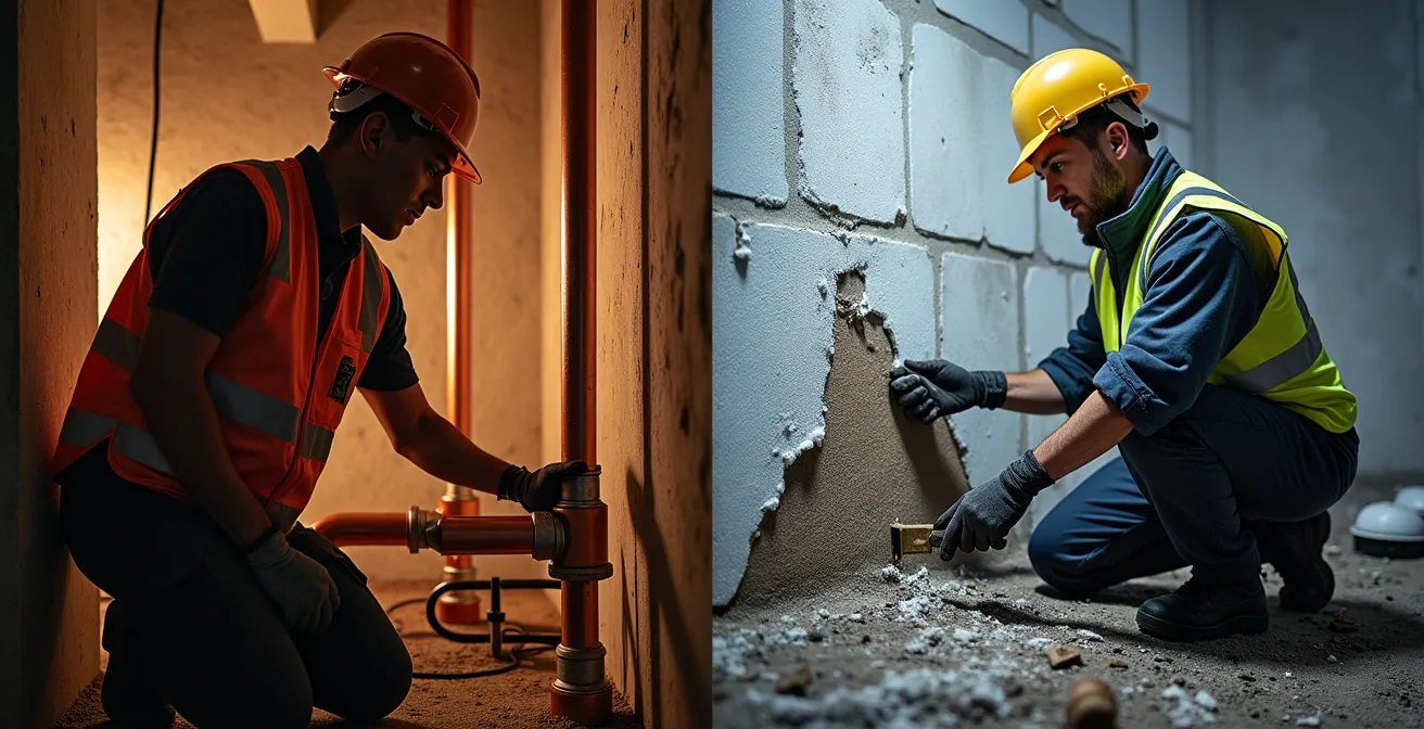 Split view comparing major renovation work and minor repair on a Quebec plex building