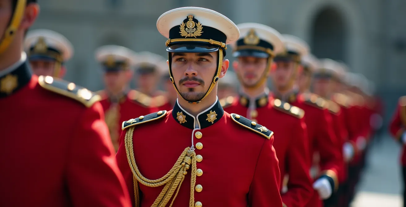 Royal 22e Regiment soldiers in ceremonial red uniforms marching at Quebec Citadel parade ground