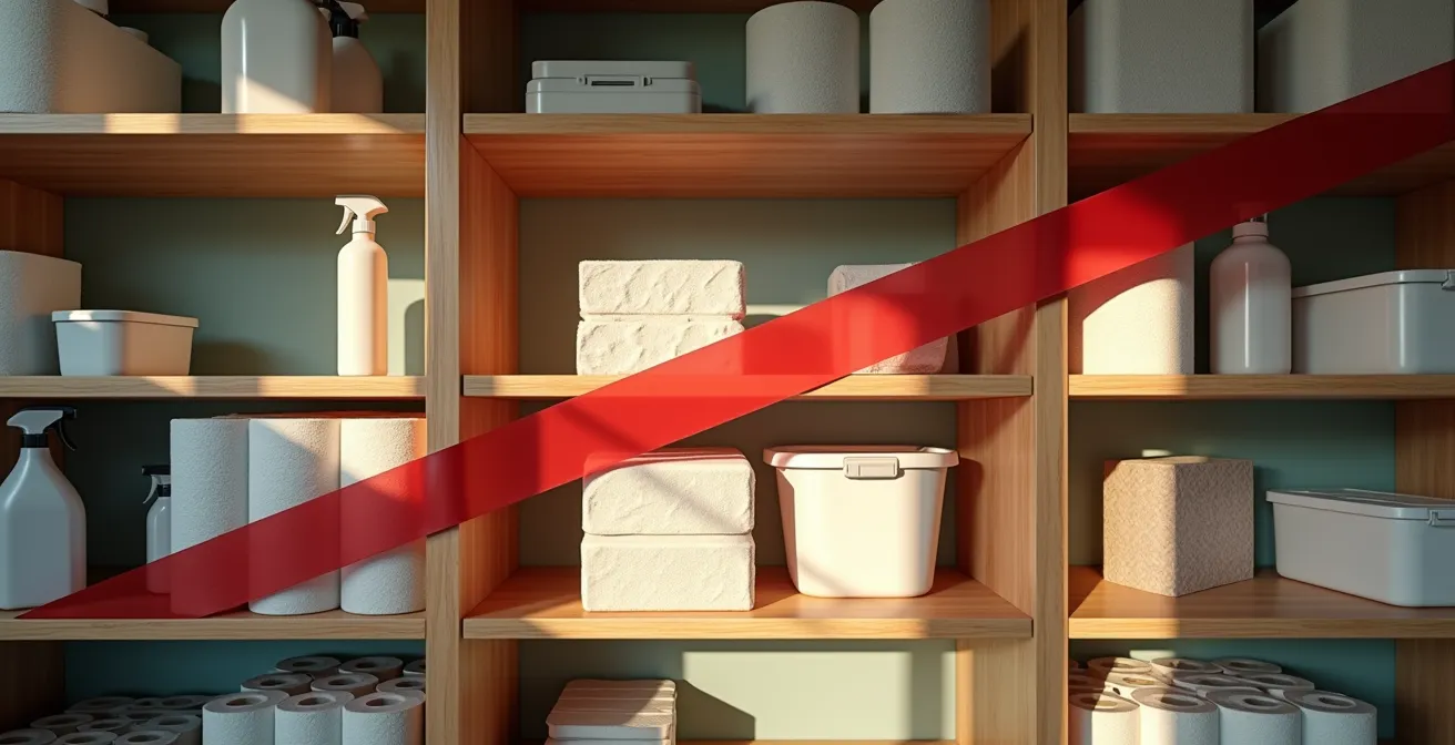 Organized supply closet interior with color-coded shelving system and visual reorder indicators in rustic chalet