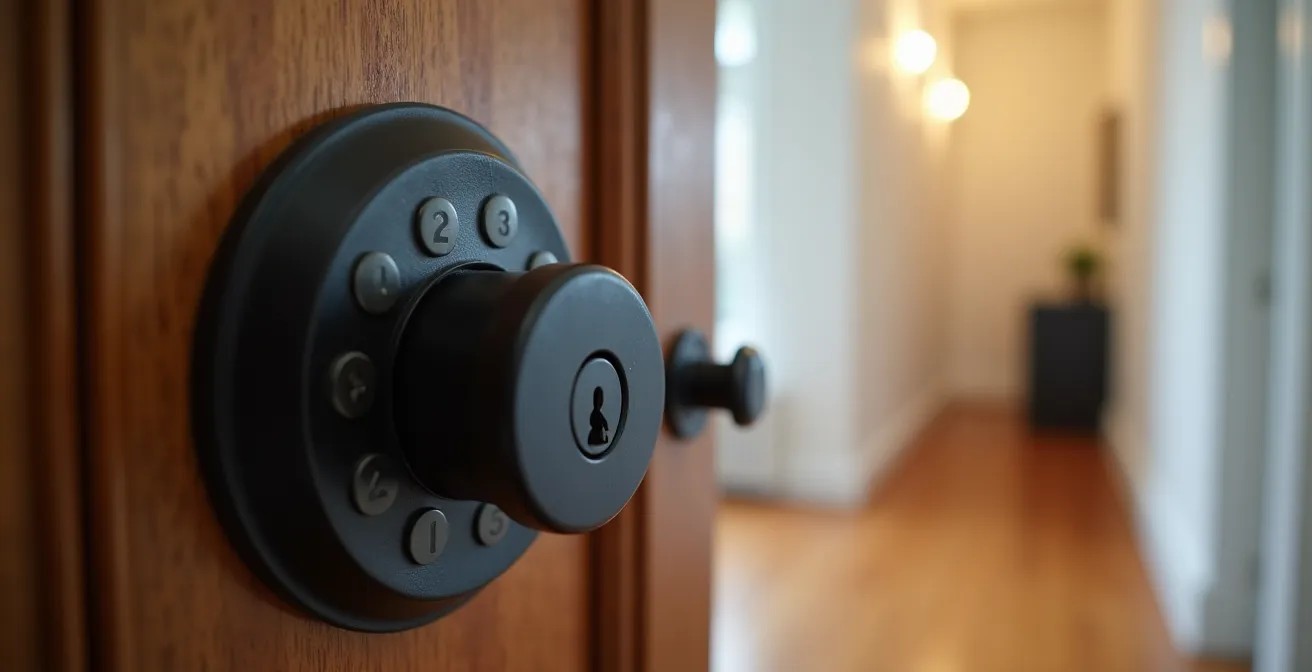 Close-up of a smart lock installation on a Montreal apartment door with blurred hallway background
