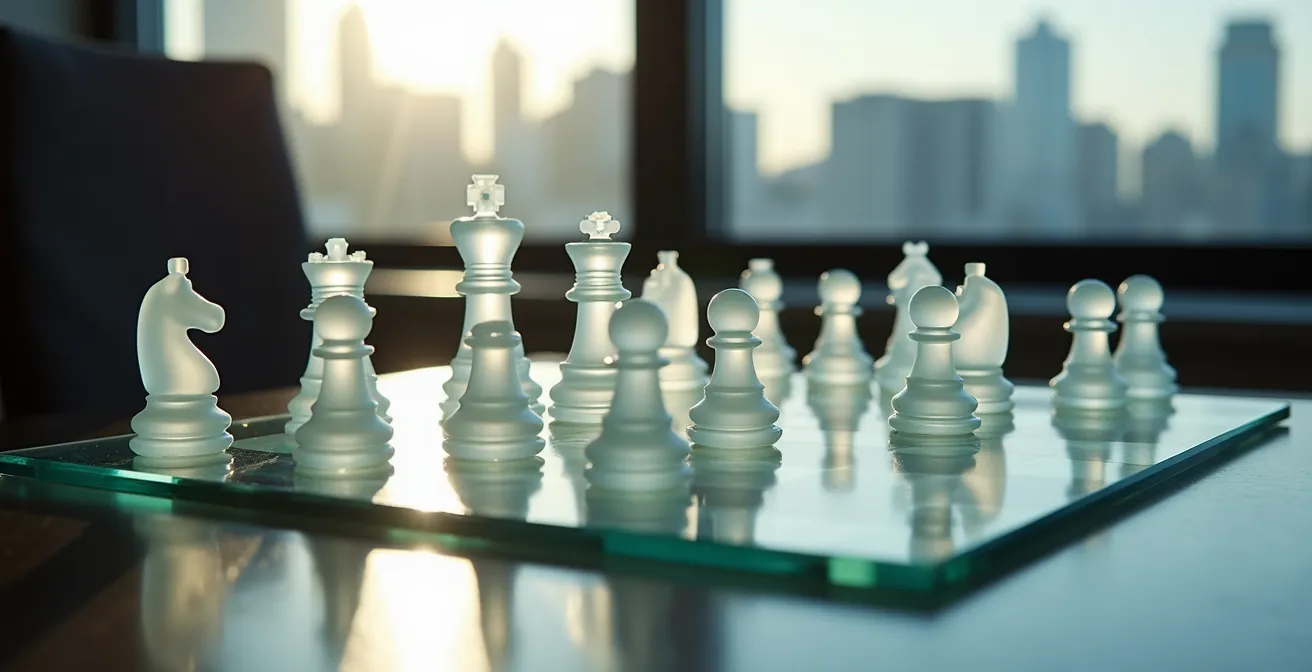 A glass chess board on a desk, symbolizing the strategic conversion of mortgage debt into investments in a Montreal office setting.