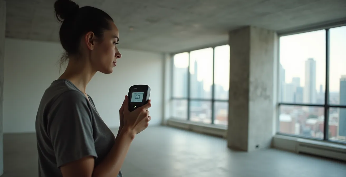 Professional using sound meter device to test acoustic properties in modern concrete condominium