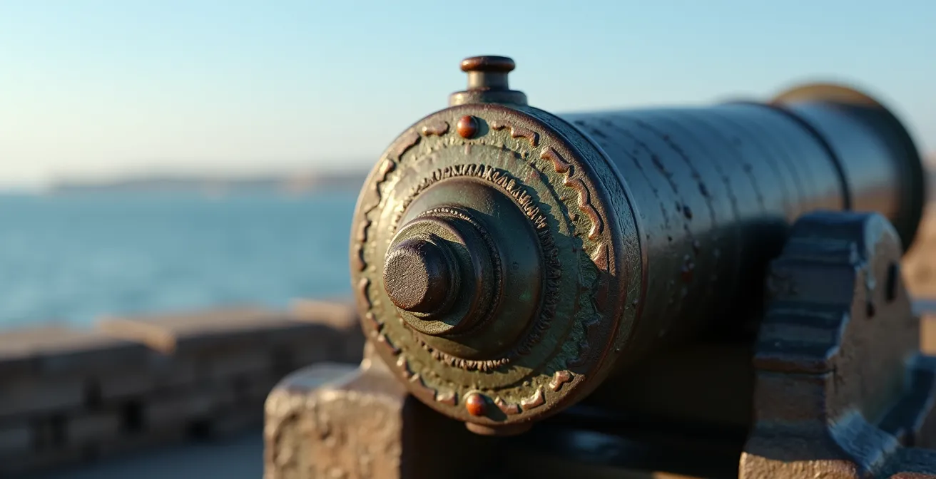 Close-up view of historic cannon positioned on Quebec fortification walls aiming toward St. Lawrence River