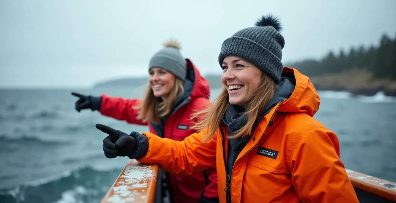 Wide shot of whale watchers bundled in layers on a boat deck with wind-swept ocean