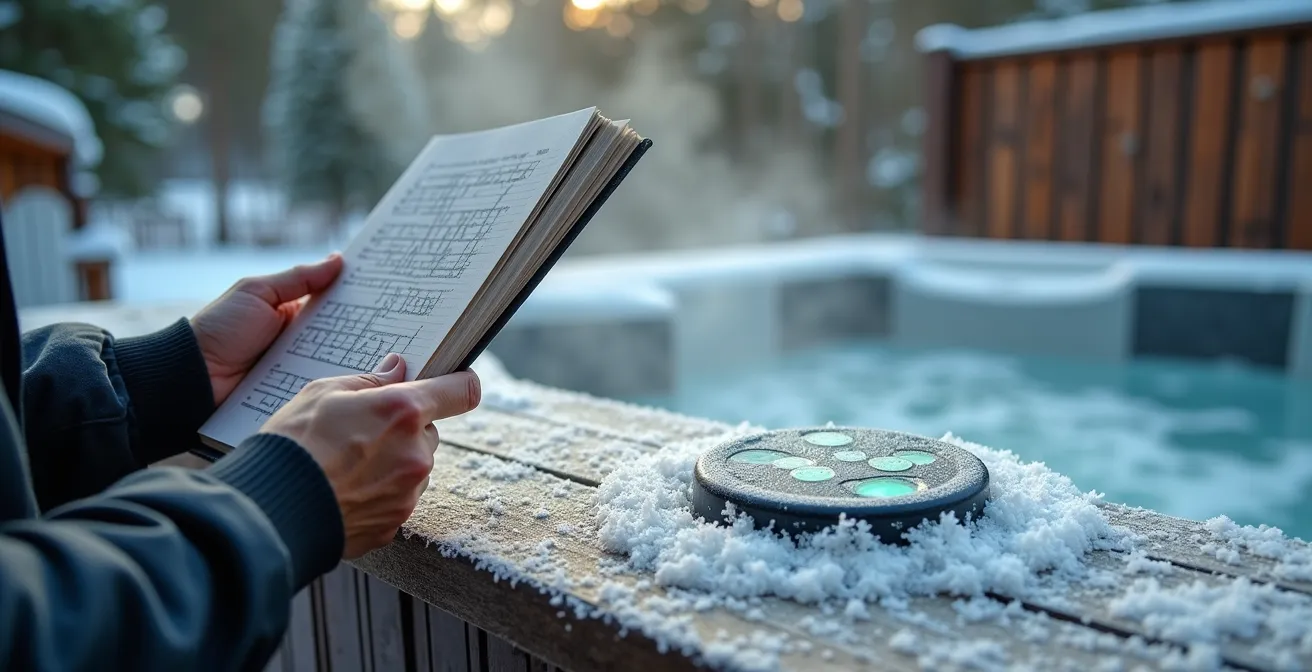 Close-up of maintenance records and spa control panel in snowy Laurentian setting